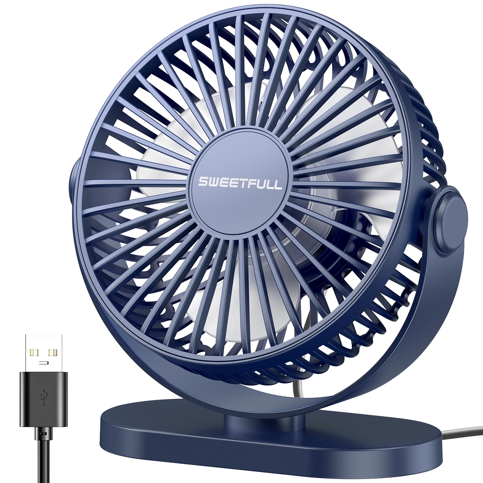 SWEETFULL USB Desk Fan Small Quiet - 3 Speeds Mini Personal Portable Fan 360° Rotation Adjustable, 5 Inch Office Table Cooling Gadgets on Desktop (Blue)