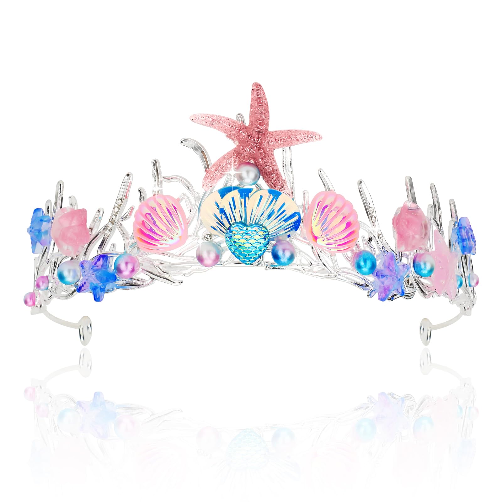 YARIEW Mermaid Crown Birthday Decorations, Costume, Tail Starfish Scales Seashell Hair Accessories for Women and Girls, Wide Headband, Party Gifts