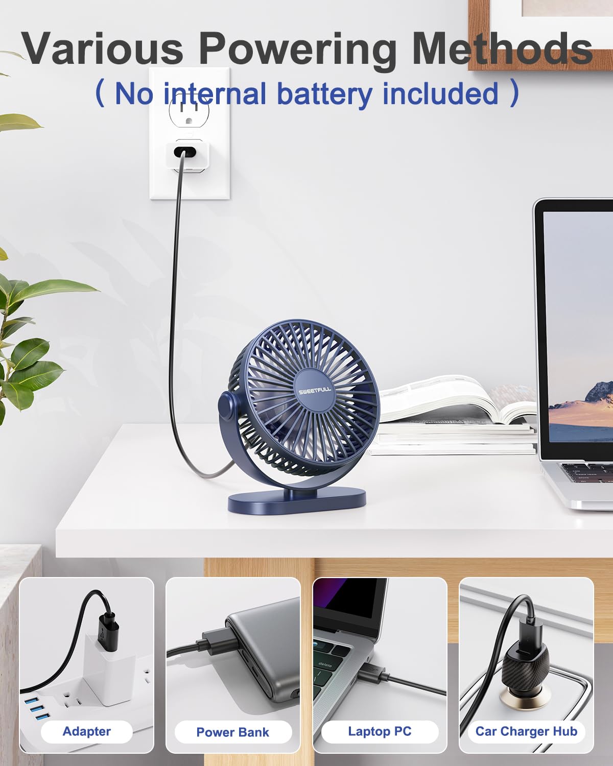 SWEETFULL USB Desk Fan Small Quiet - 3 Speeds Mini Personal Portable Fan 360° Rotation Adjustable, 5 Inch Office Table Cooling Gadgets on Desktop (Blue)