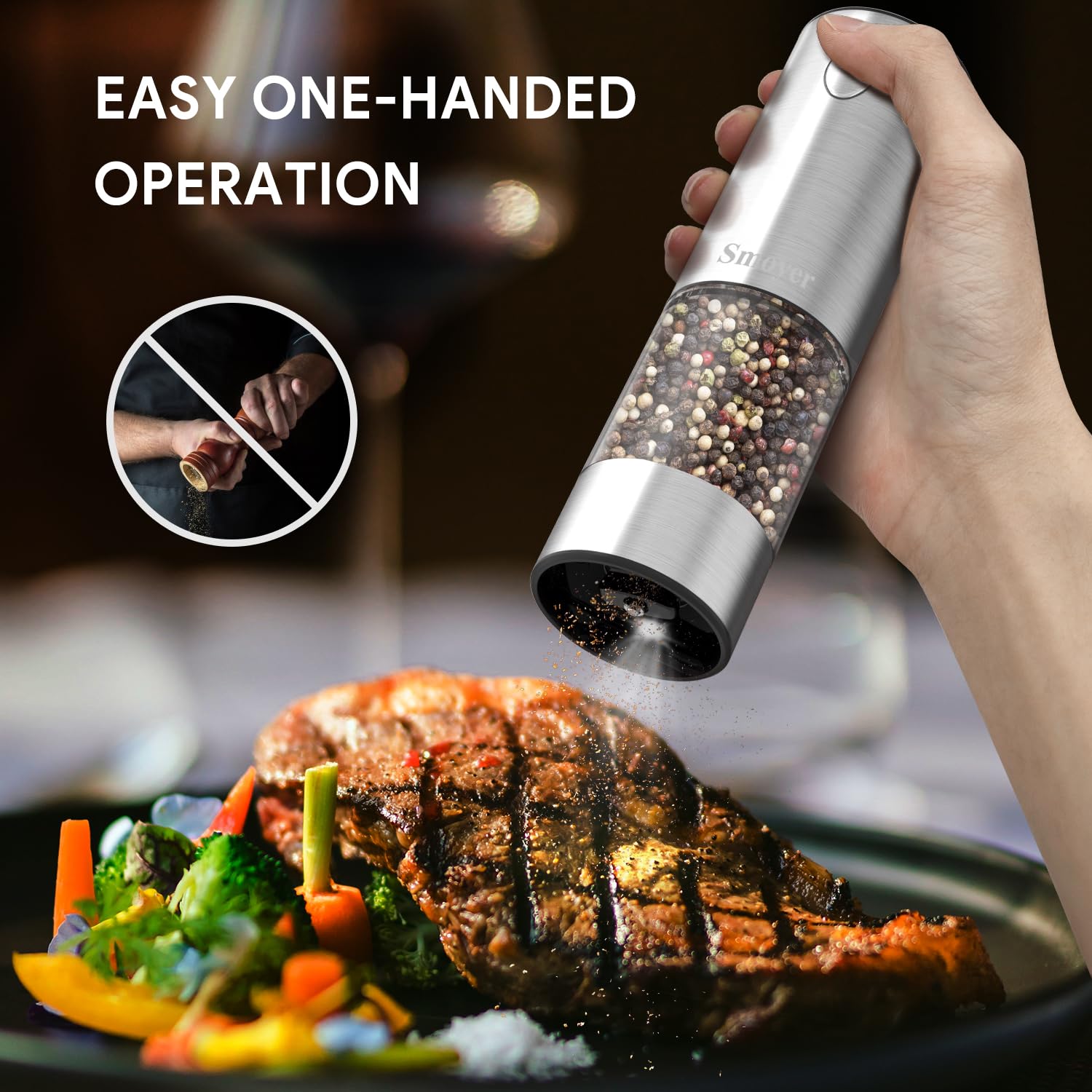 Rechargeable Salt and Pepper Grinder Set, Smoyer Stainless Steel Automatic Salt and Pepper Grinder Mill, Electric Pepper Shakers Set with Adjustable Coarseness and LED Light, Upgraded Larger Capacity