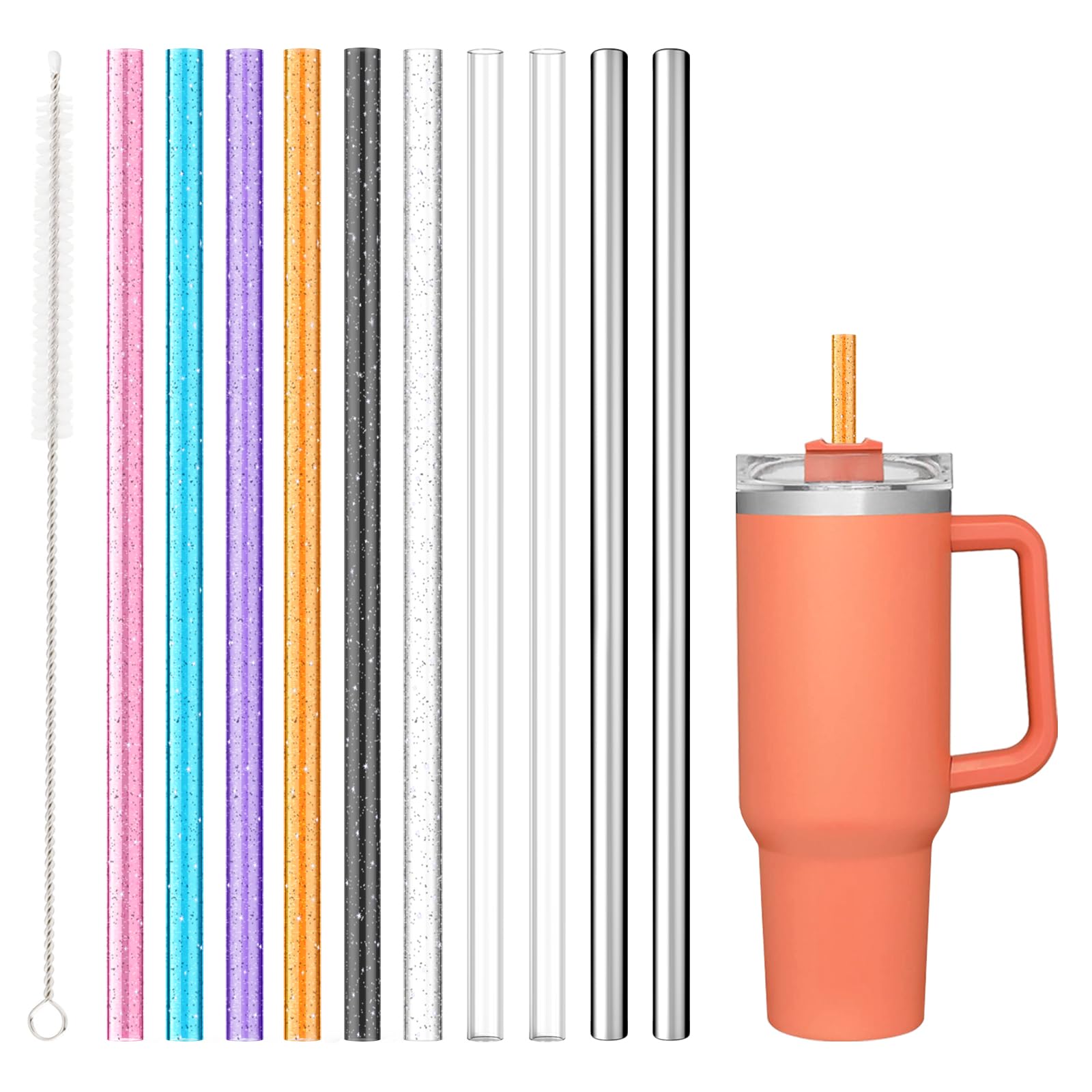 10PCS Color Replacement Straws for Stanley Owala Simple Modern Tumbler, Comheral Reusable Glitter Metal Clear Long Straws Accessories for Tumbler Mug Cup, Dishwasher Safe(8*Tritan+2*Stainless Steel)