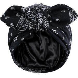 Ababalaya Satin Lined Turbans for Women Chemo Headwear Beanies Silky Lined Cotton Bonnet Sleeping Cap, Black