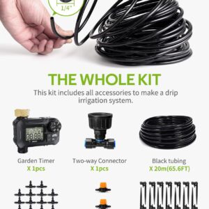 HIRALIY 65FT Automatic Drip Irrigation Kits with Garden Timer, 1/4" Blank Tubing and 4-outlets Misting Watering Nozzles, Auto Plant Watering System for Patio Lawn, Watering Regularly by Timer