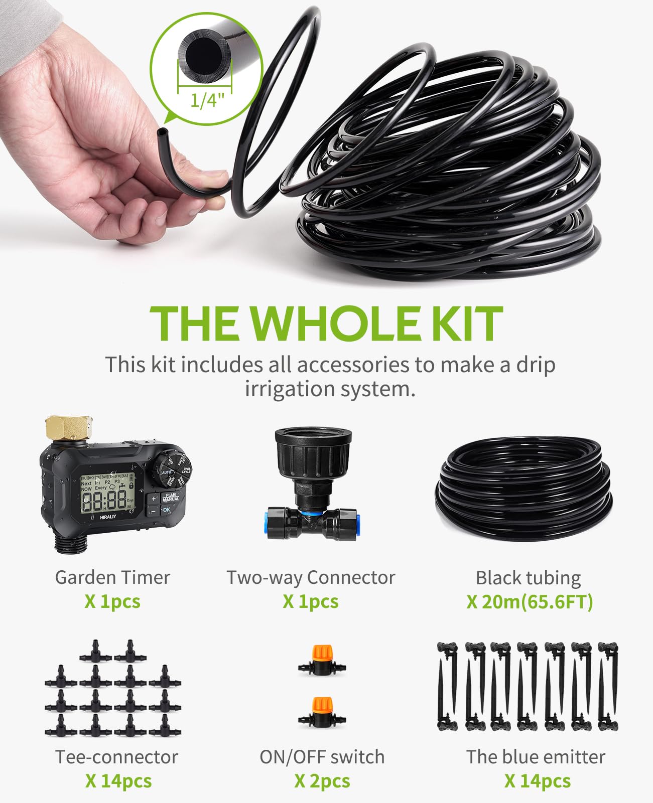 HIRALIY 65FT Automatic Drip Irrigation Kits with Garden Timer, 1/4" Blank Tubing and 4-outlets Misting Watering Nozzles, Auto Plant Watering System for Patio Lawn, Watering Regularly by Timer