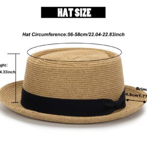 Men/Women Summer Straw Pork Pie Hat Boater Derby Fedora Sun Hats with Bowknot(S/M)