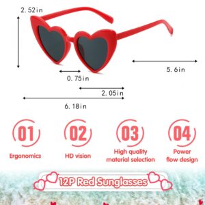 LOHO MAGICA Women Fashion Heart Sunglasses 12 Pack Heart Shaped Sunglasses for Women Vintage Love Cat Eye Retro Glasses（Red）