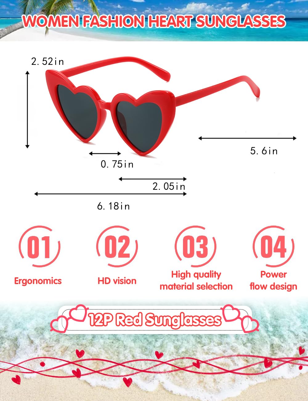 LOHO MAGICA Women Fashion Heart Sunglasses 12 Pack Heart Shaped Sunglasses for Women Vintage Love Cat Eye Retro Glasses（Red）