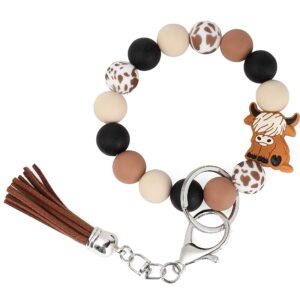 Nabegum Cow Print Silicone Beaded Bracelet Keychain Wristlet Key Ring Bangle Chains Western Highland Stuff Gifts for Women with Leather Tassel (Brown)