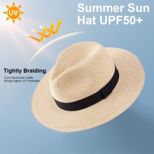 MEINICY 3PCS Womens Wide Brim Beach Hat Roll up Panama Straw Sun Hat Fedora Summer UV Protection Floppy Hat (Black+Brown+Beige)