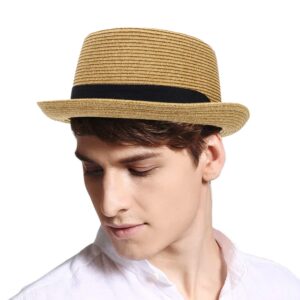 Pork-Pie-Hat-for-Men-Women Straw-Boater-Hat Summer-Sun-Derby-Fedora with Bowknot