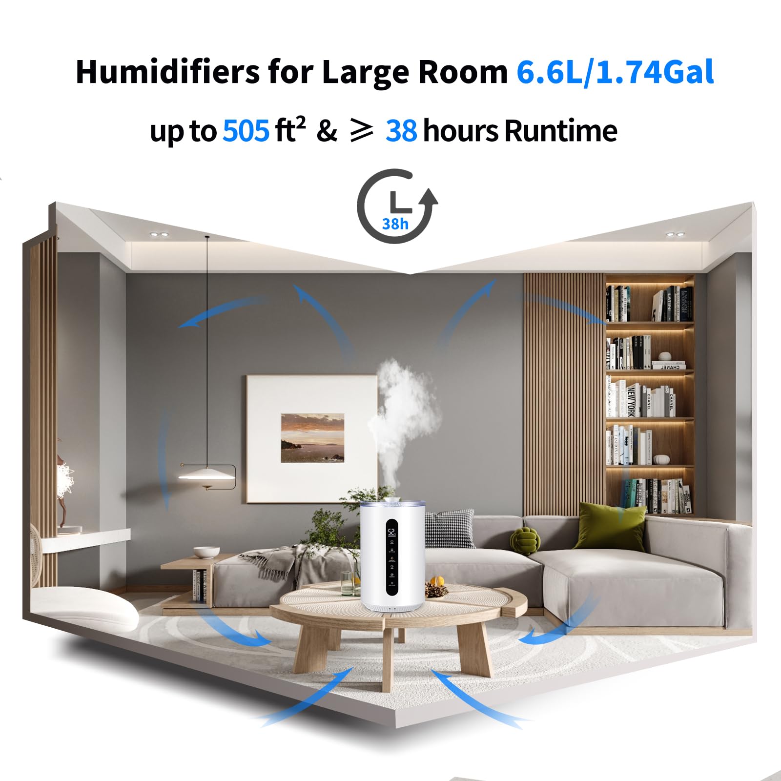 Tower Humidifiers for Large Room,Hioo 6.6L 1.74Gal Topfill Ultrasonic Warm and Cool Mist Air Humidifier for Bedroom with 8H Timer 360° Nozzle Adjustable Humidistat Night Light for Nursery Home Plant