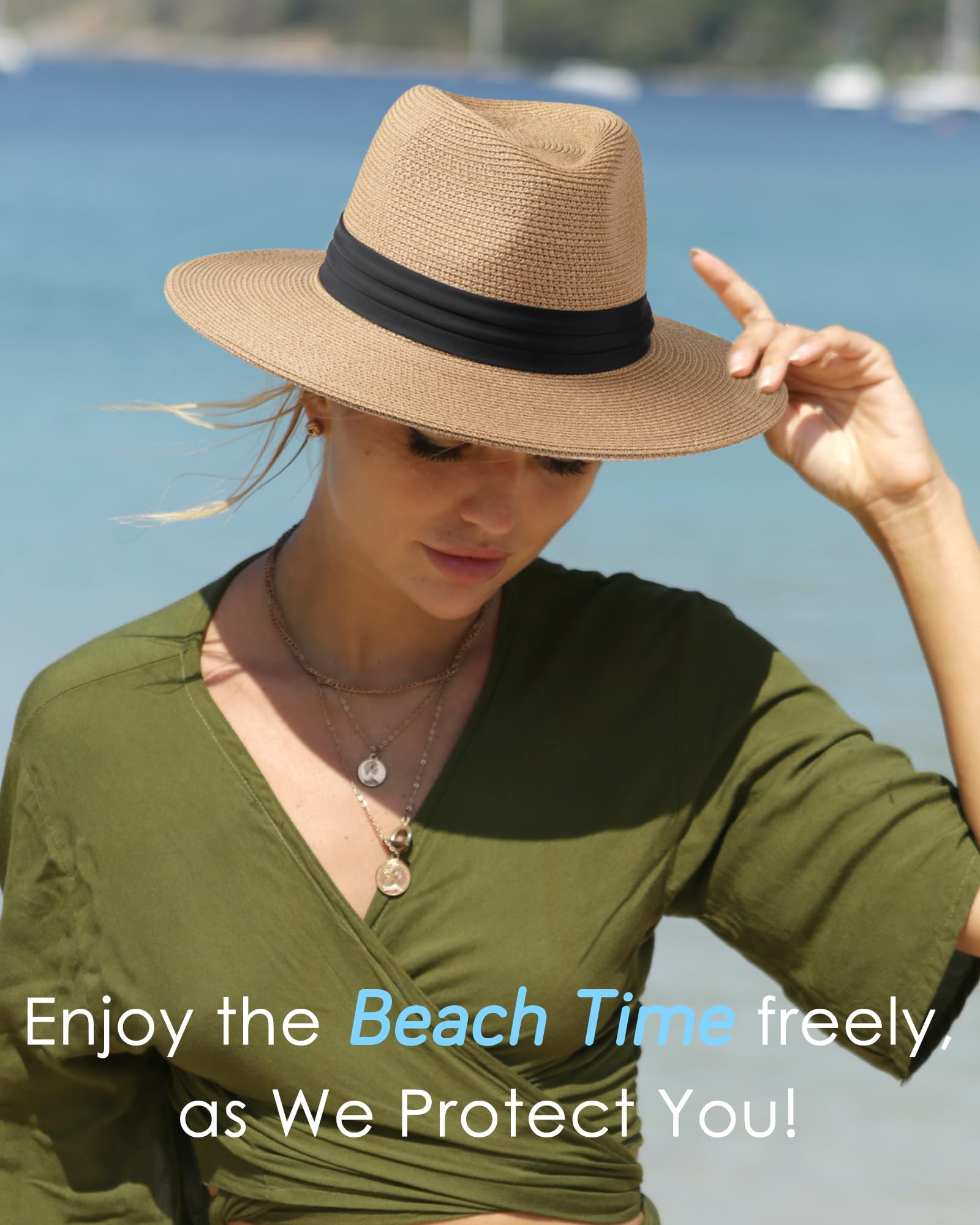 FURTALK Panama Hat Sun Hats for Women Men Wide Brim Fedora Straw Beach Hat UV UPF 50