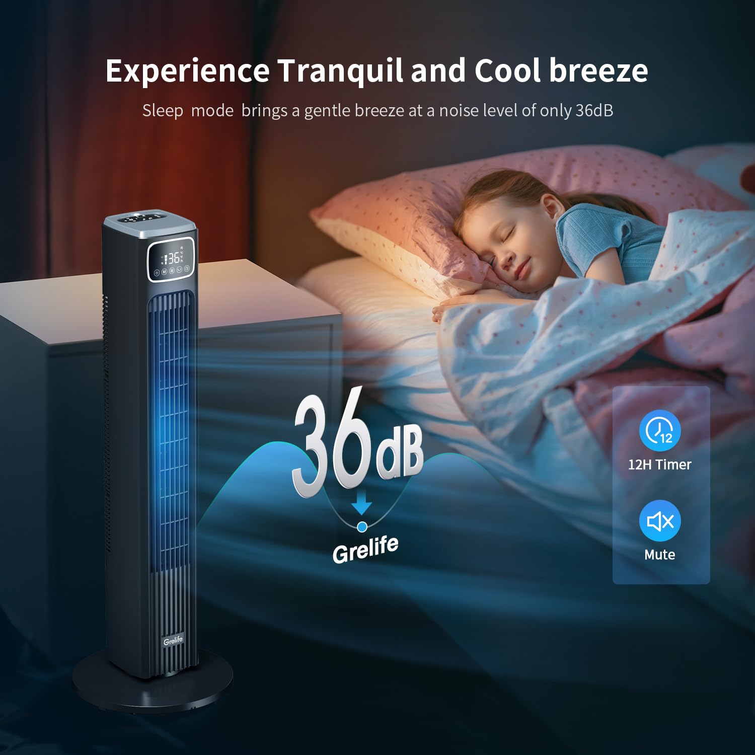 Grelife 36" Tower Fan, Bladeless Fan with 80° Oscillation, 3 Speeds, 4 Wind Modes, Touch Screen & Remote Control, 12-Hour Timer, Quiet Cooling Fan for Home Office Bedroom