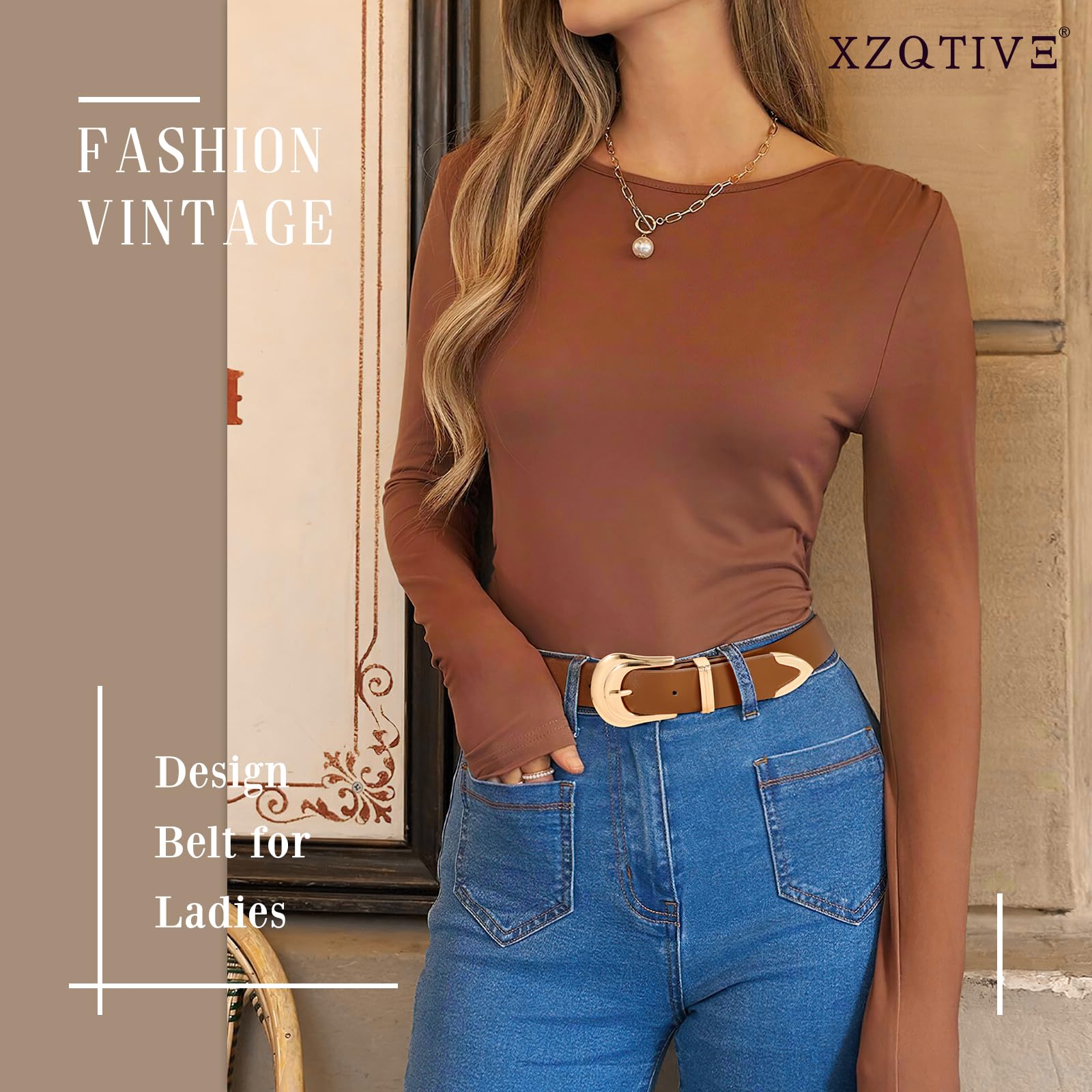 XZQTIVE Women's Leather Belt Plus Size Ladies Western Belt Silver Gold Buckle Brown Waist Belt for Jeans Pants Dresses