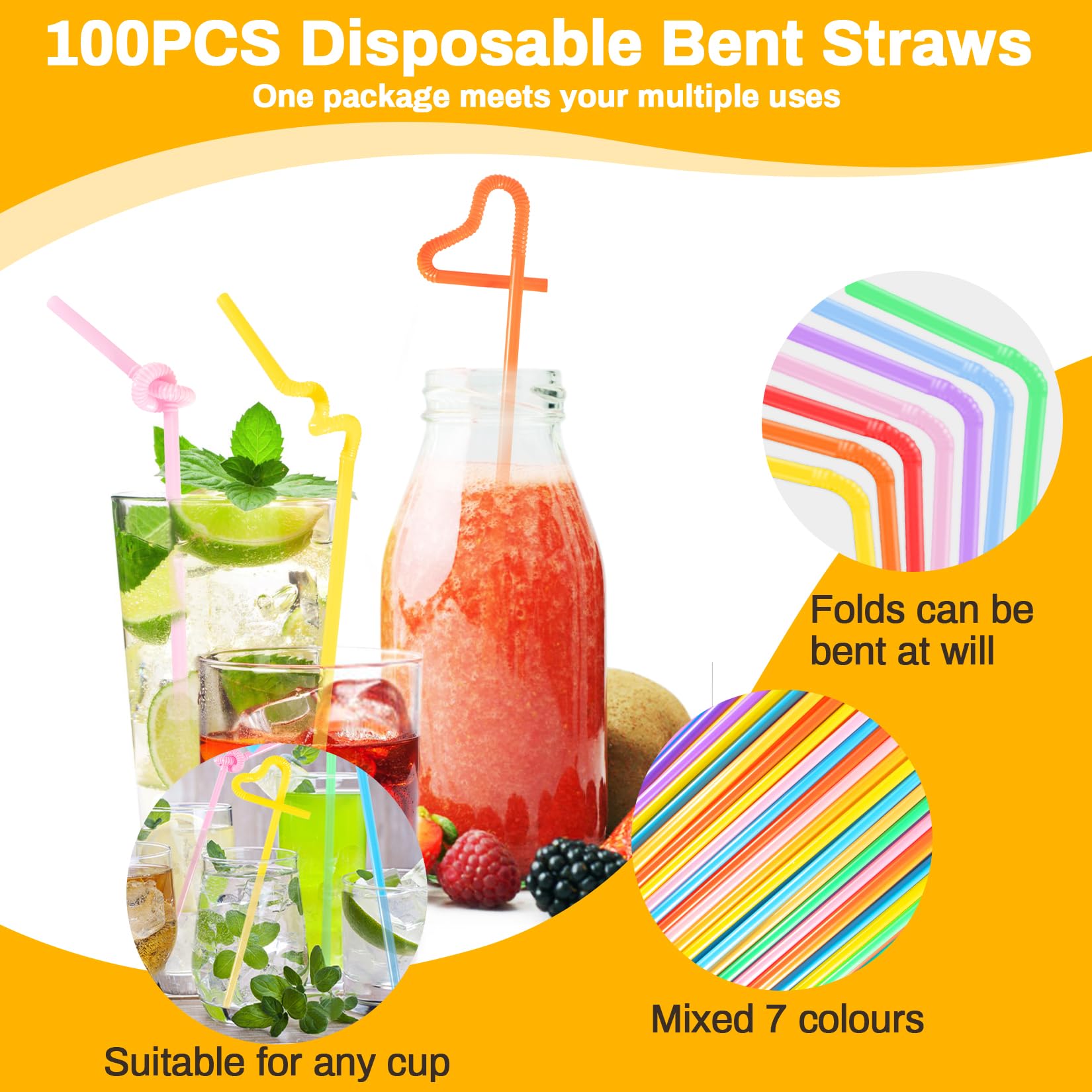 Disposable Plastic Drinking Straws - MAQIHAN 100PCS Flexible Drinking Straws Long Plastic Straws Bendable Colorful Drinking Straws for Juice Drinks