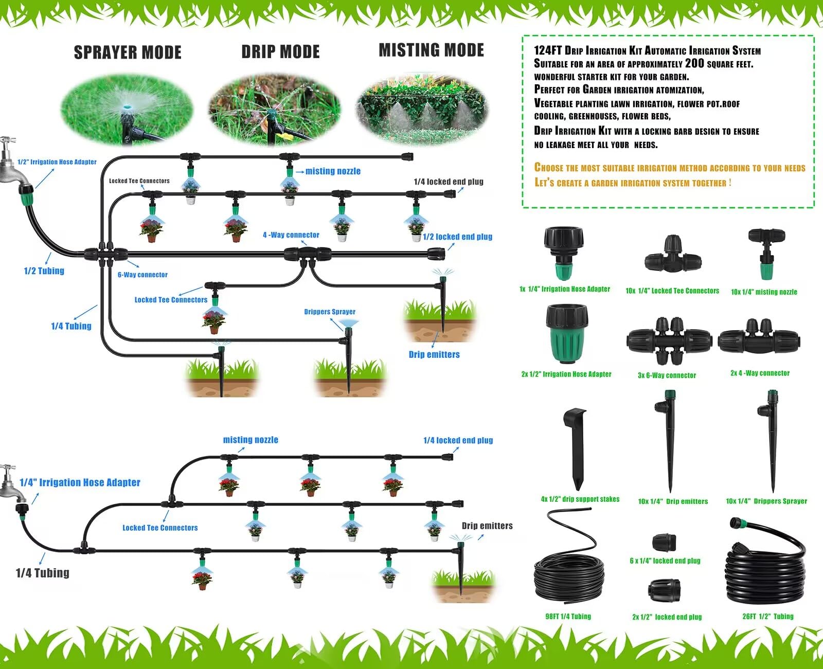 NRWRTY Leak-Proof Drip Irrigation Kit,Quick Connect Irrigation System,Lock Barbed Garden Watering System with 1/4 inch 1/2 inch Irrigation Tubing Hose for Garden,Raised Garden Bed, Lawn