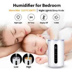 Tower Humidifiers for Large Room,Hioo 6.6L 1.74Gal Topfill Ultrasonic Warm and Cool Mist Air Humidifier for Bedroom with 8H Timer 360° Nozzle Adjustable Humidistat Night Light for Nursery Home Plant