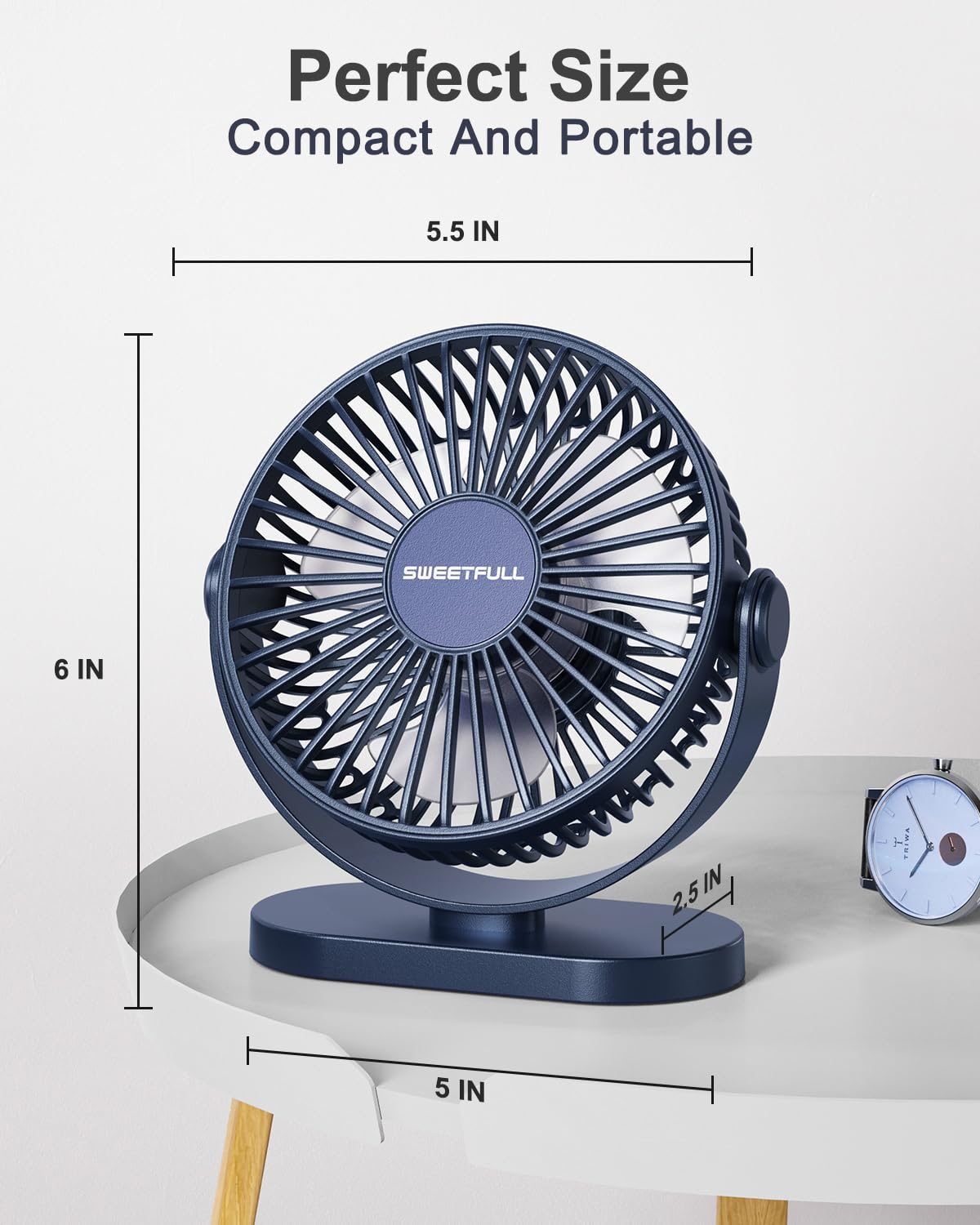 SWEETFULL USB Desk Fan Small Quiet - 3 Speeds Mini Personal Portable Fan 360° Rotation Adjustable, 5 Inch Office Table Cooling Gadgets on Desktop (Blue)