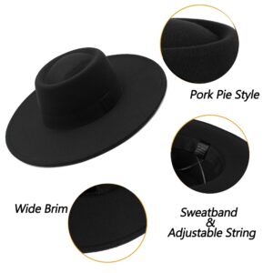 Wide Brim Panama Fedora Hat - Warm Felt Flat Top Pork Pie Cap for Women Men (Size:M/L) (US, Alpha, Medium, Large, Black)