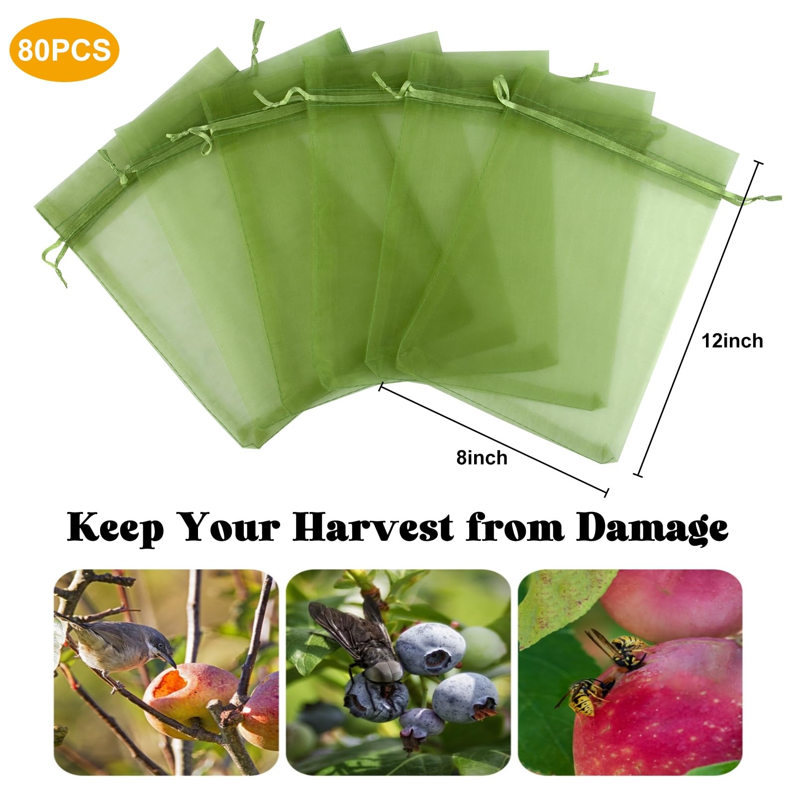 Unves 8 x12 Inch Fruit Protection Bags, 80 Pcs Fruit Mesh Bags Drawstring Reusable Fruit Tree Netting Green bags for Fruit & Vegetables, Garden Plant Netting Cover Pest Barrier for Grape Apple Pomelo