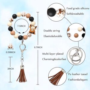 Nabegum Cow Print Silicone Beaded Bracelet Keychain Wristlet Key Ring Bangle Chains Western Highland Stuff Gifts for Women with Leather Tassel (Brown)