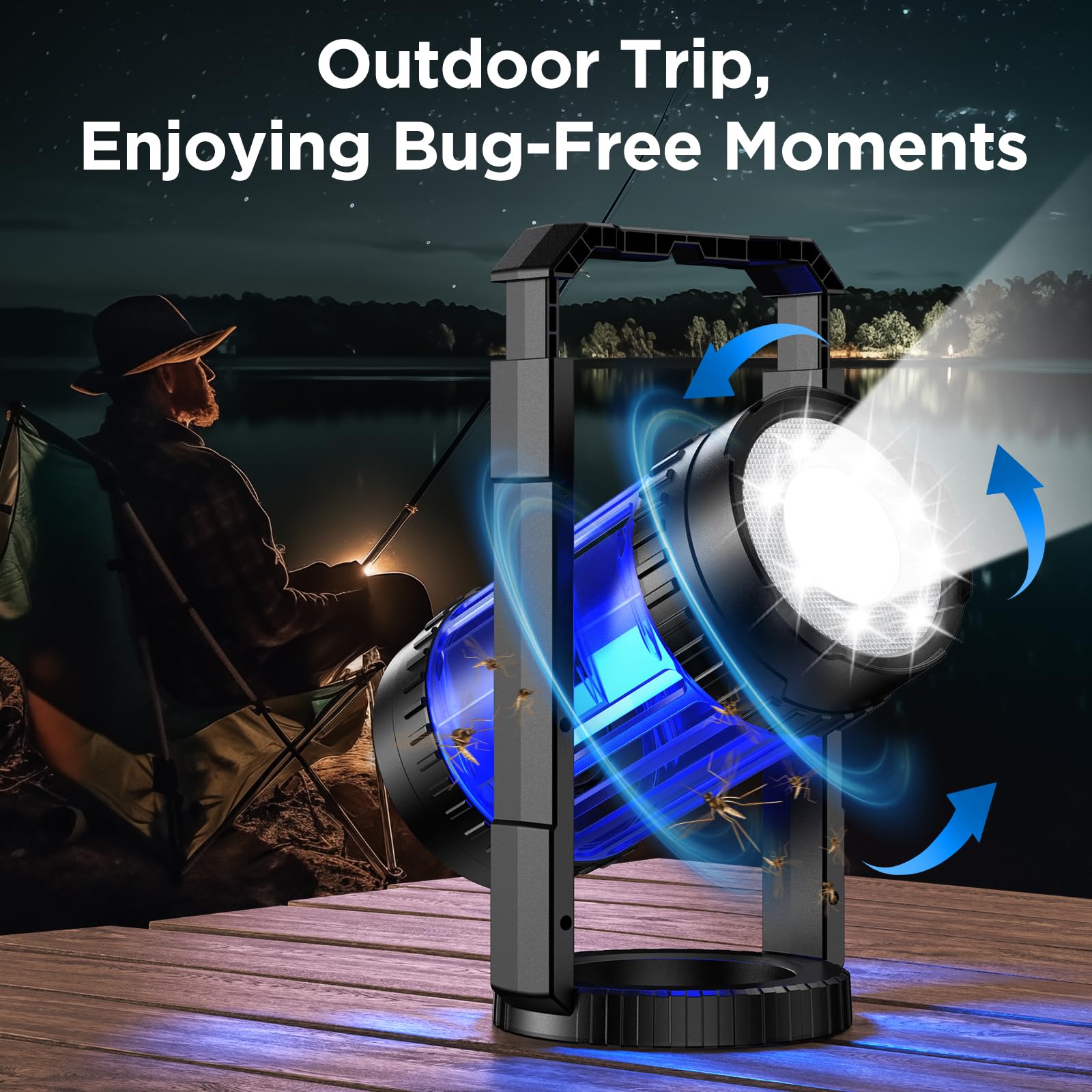 Solar Bug Zapper Outdoor Indoor, Mosquito Zapper with Large-Capacity 5000mAh Battery, 4 in 1 Insect Fly Zapper with Spotlights, Rechargeable & Cordless for Camping, Fishing, Patio, Home Black