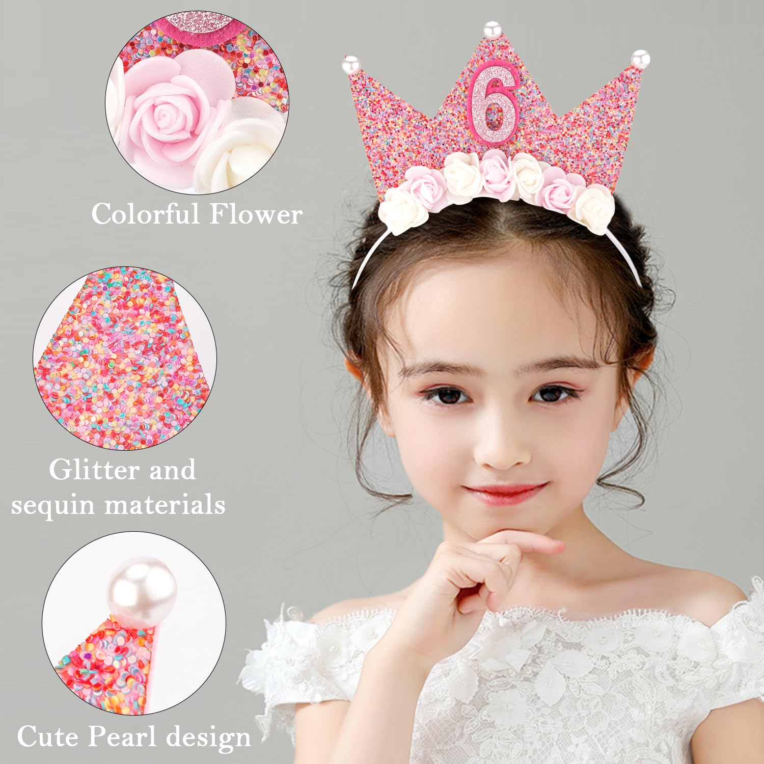 SuPoo Birthday Decorations for Girls - 6th Birthday Headband Crown, Glitter Hair Band, Flower Princess Tiara Hair Accessory for Party