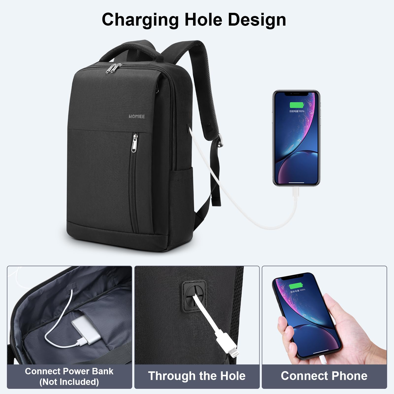 HOMIEE 17 Inch Laptop Backpack Slim Durable Business Computer Travel Backpack with USB Charging Port, Lightweight Casual Daypack for College Work Office Men Women, Black