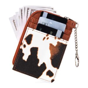 Montana West Wrangler Brown Cow Print Credit Card Holder Cute Keychain Wallet Small Wallets Woman with A Zipper Pocket Thin Slim & Minmalist WG102-W005BR