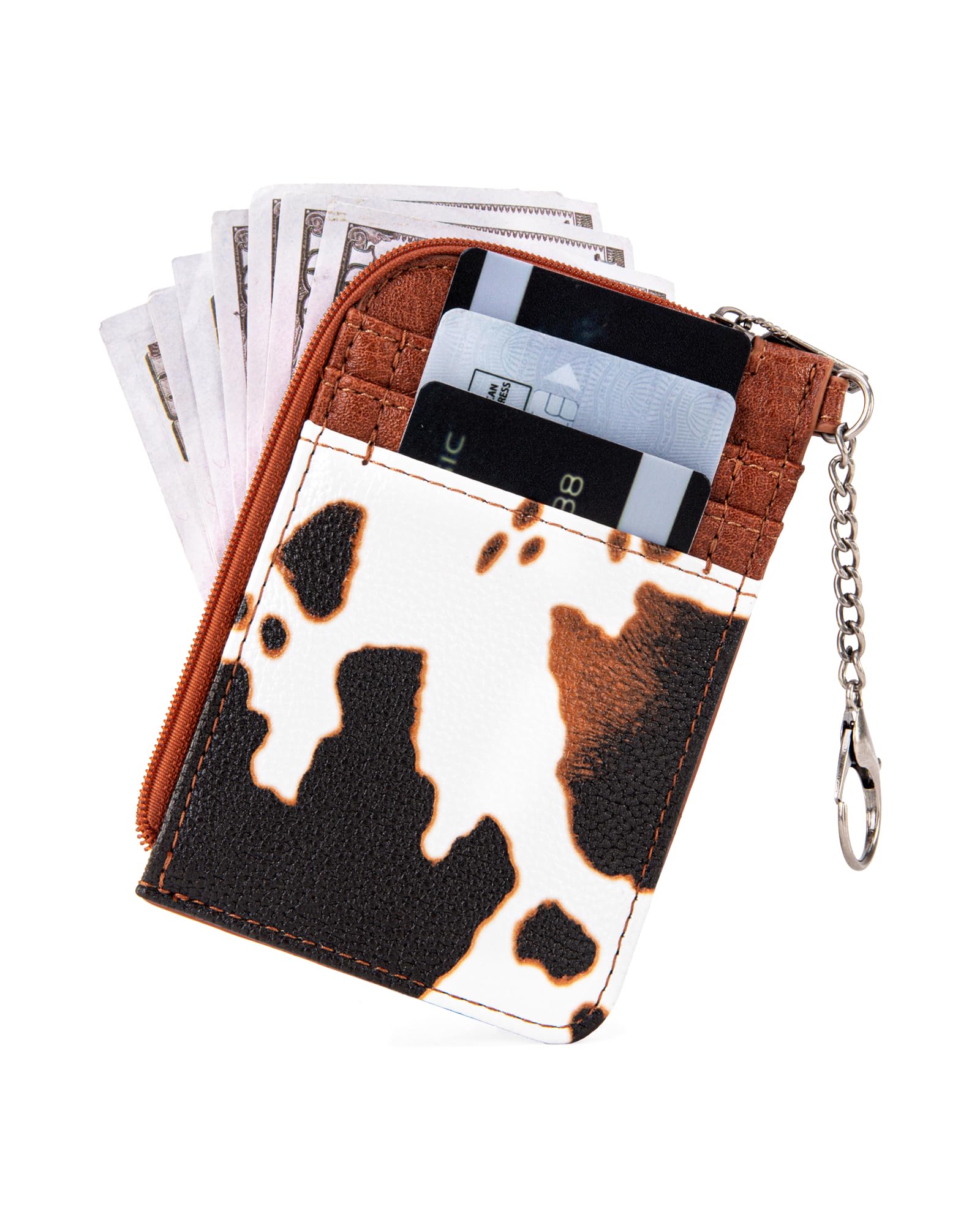 Montana West Wrangler Brown Cow Print Credit Card Holder Cute Keychain Wallet Small Wallets Woman with A Zipper Pocket Thin Slim & Minmalist WG102-W005BR