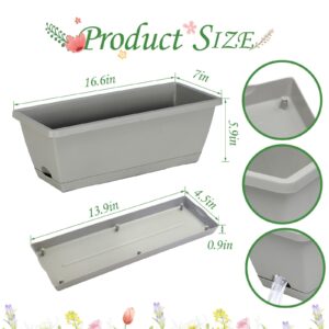 Lysjtsr 12Pcs 17Inches Rectangle Planter Box with Drainage Holes and Trays Plastic Planters Flower Boxes Pots for Indoor Outdoor Plants Patio Garden Home Decor Porch Yard (Gray)