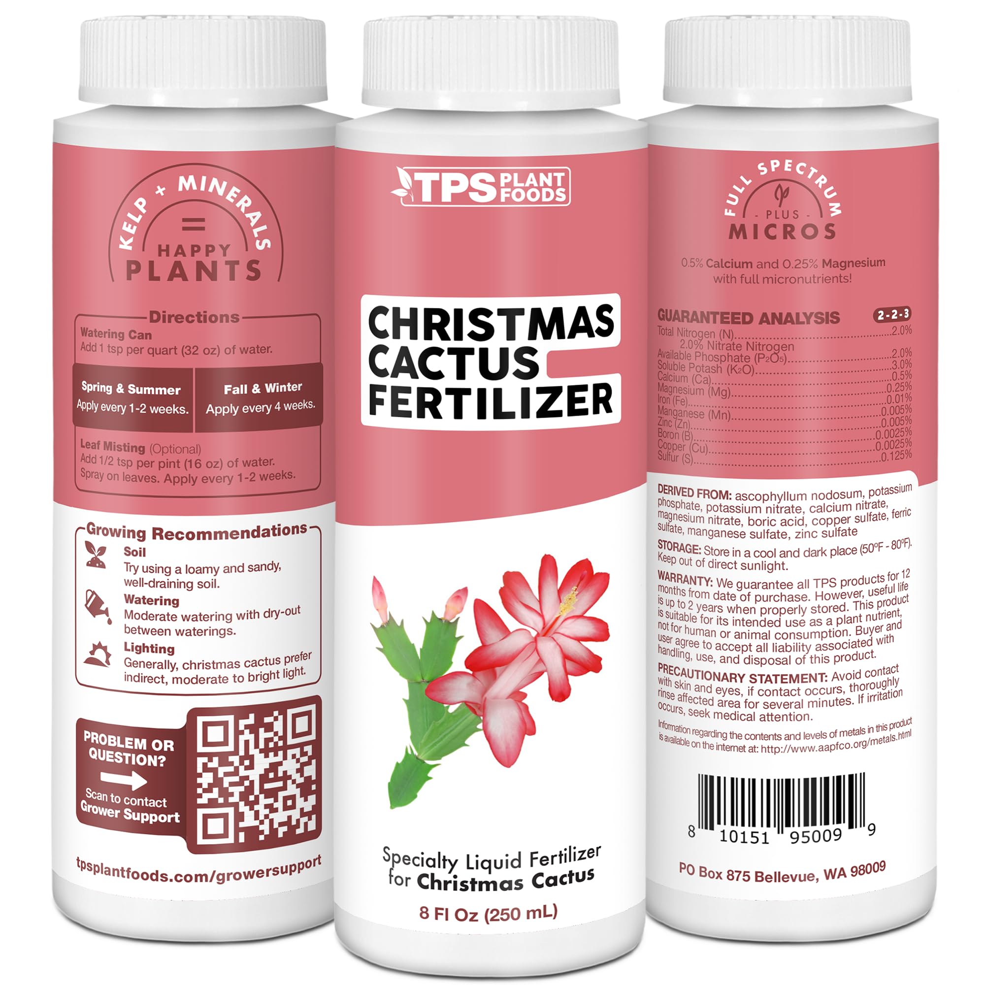 Christmas Cactus Fertilizer for All Christmas Cacti and Schlumbergera Cacti, Liquid Plant Food 8 oz (250mL)