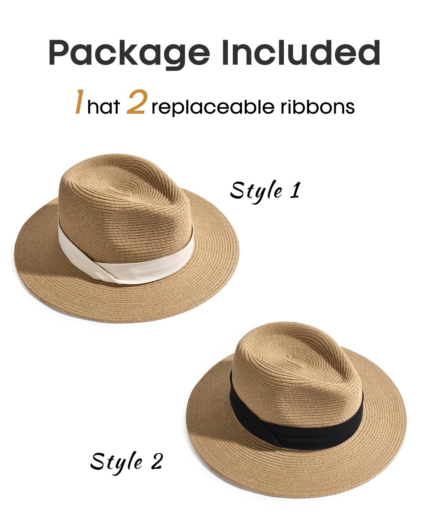 FURTALK Panama Hat Sun Hats for Women Men Wide Brim Fedora Straw Beach Hat UV UPF 50