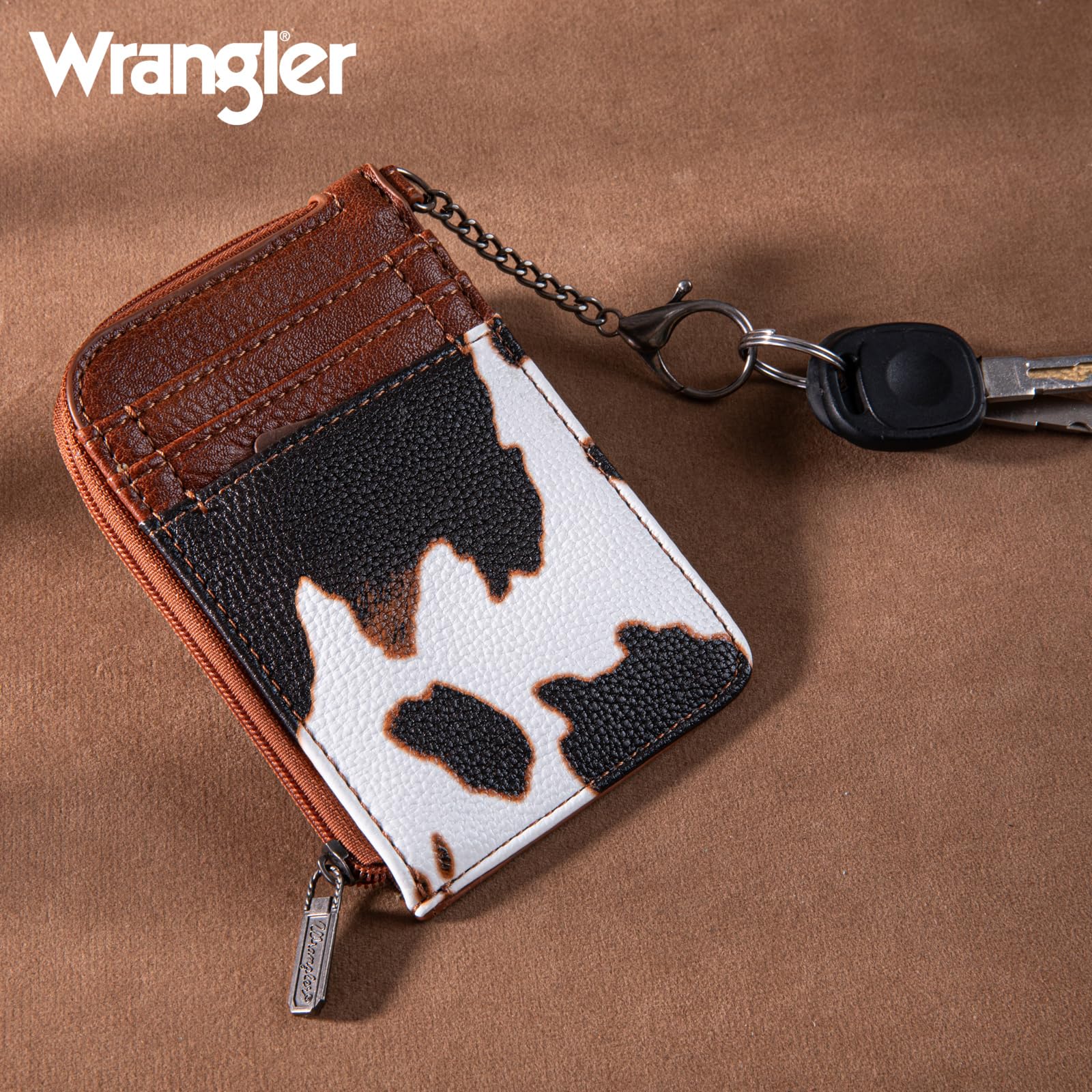 Montana West Wrangler Brown Cow Print Credit Card Holder Cute Keychain Wallet Small Wallets Woman with A Zipper Pocket Thin Slim & Minmalist WG102-W005BR