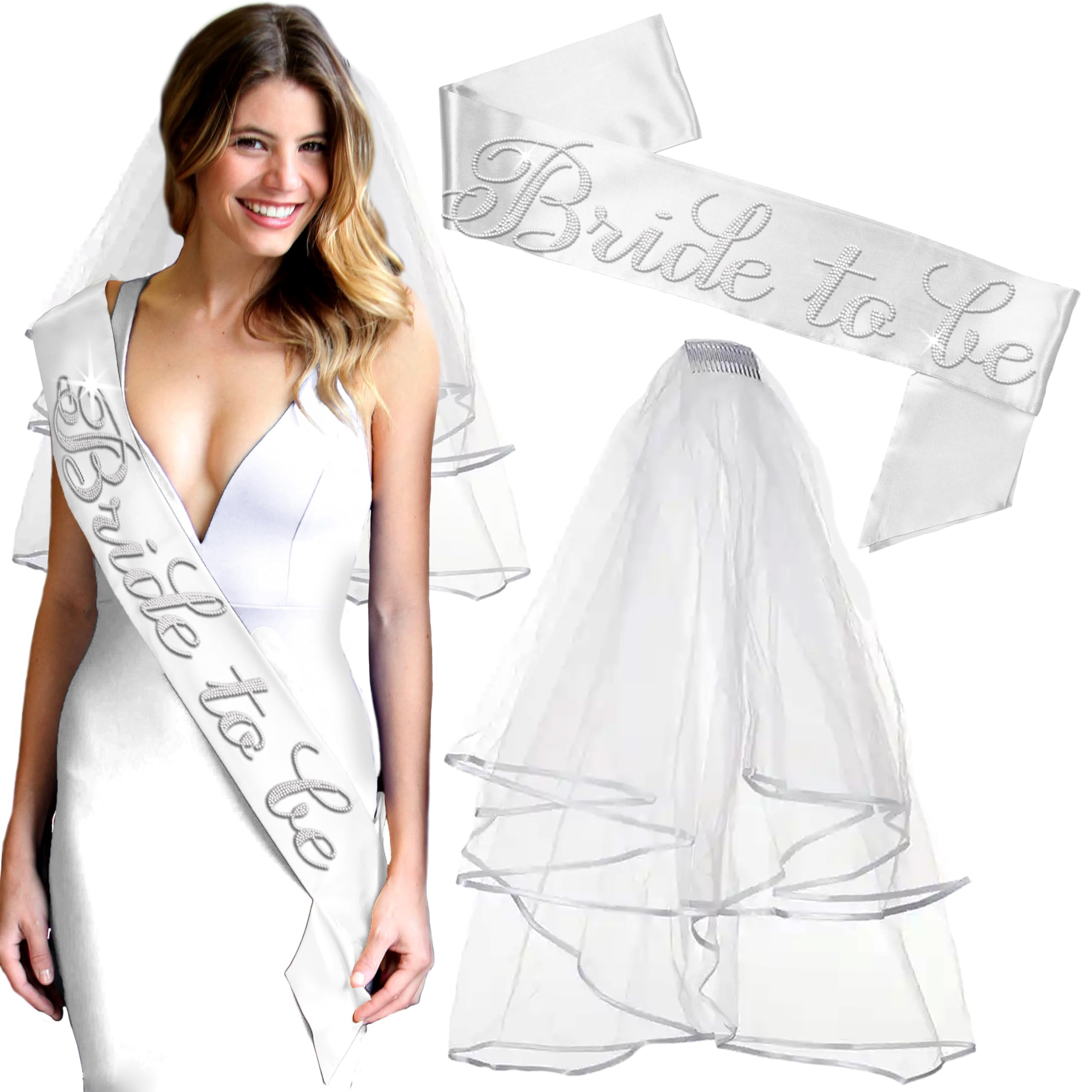 Bride Sash and Veil - SET OF 2: REAL CRYSTAL RHINESTONE Flirty Bride to Be PREMIUM BRIDAL GRADE White Satin Sash & White Veil - Bachelorette Party Veil and Sash - Veil Set(RS FlrtB2B) Wht