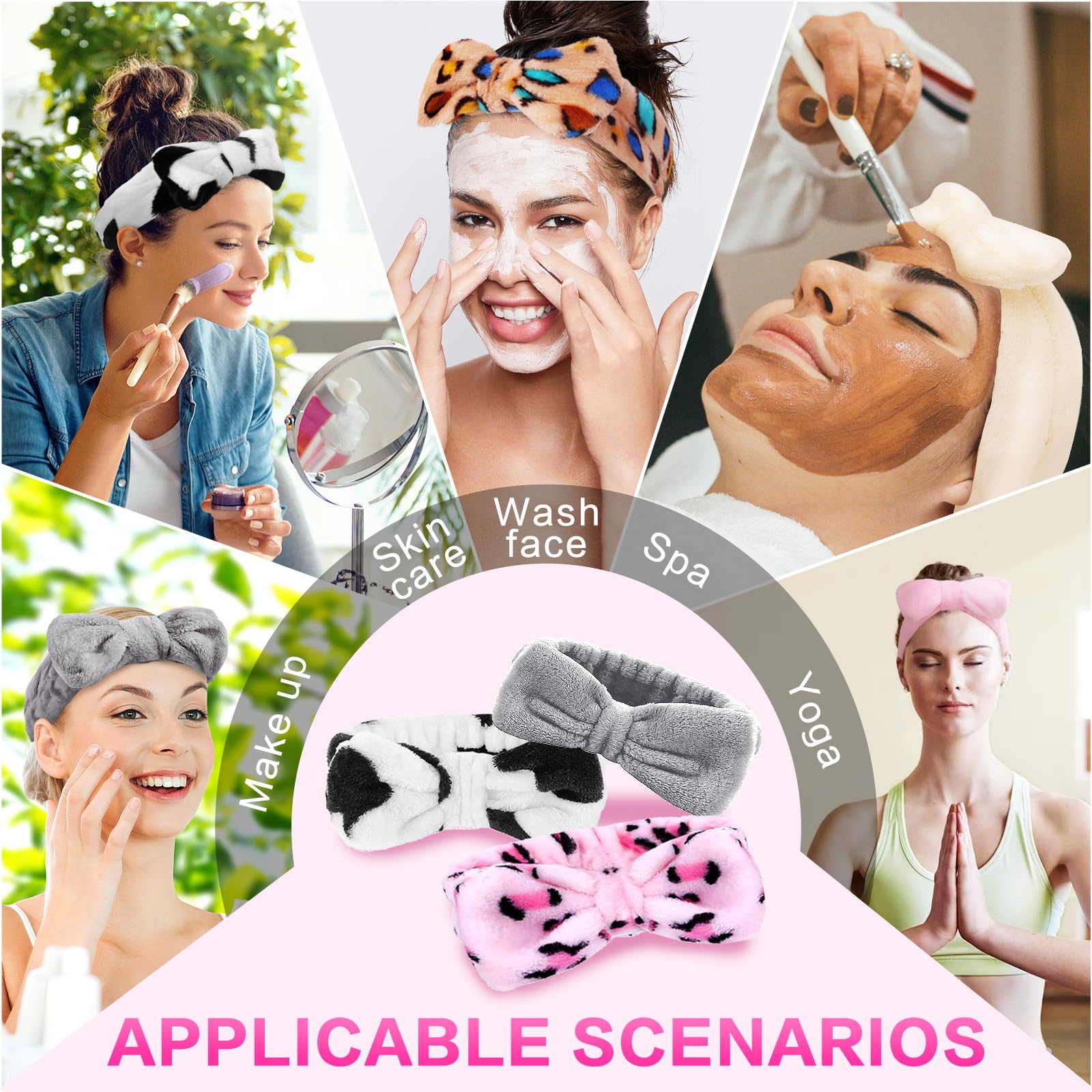 SLNZAPTY 8 Pcs Face Wash Headband, Spa Makeup Headband, Fluffy Bow Facial Headband, Soft Microfiber Skin Care Head Wrap, Shower Bathing Yoga Hair Band for Women - Multicolor