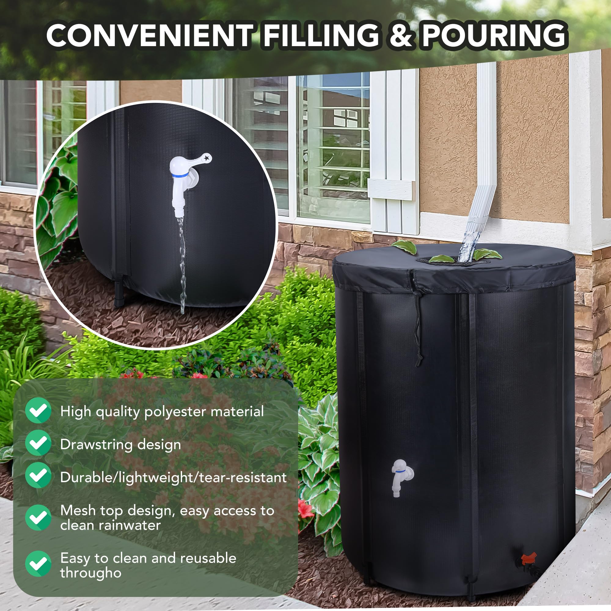 Rihogar 100 Gallon Rain Barrel Water Tank, Portable Water Storage Tank, Large Rain Water Collection Barrel, Collapsible Rain Water Catching System with Spigot Overflow Kit, Black