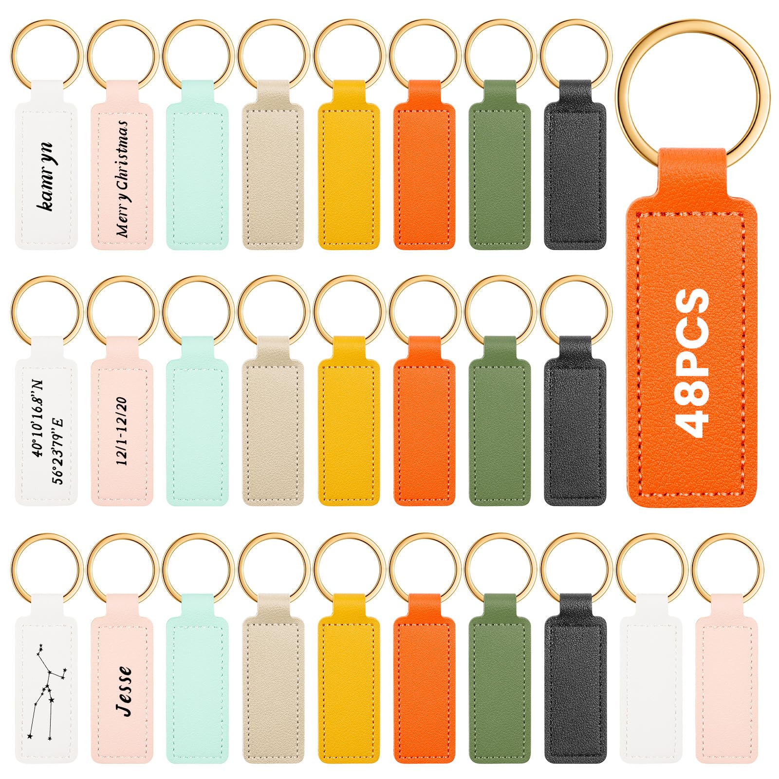 Wavyknot 48 Pcs Leather Keychains Blank Bulk PU Leather Sublimation Key Chains Gift Birthday Halloween(Bright Color)