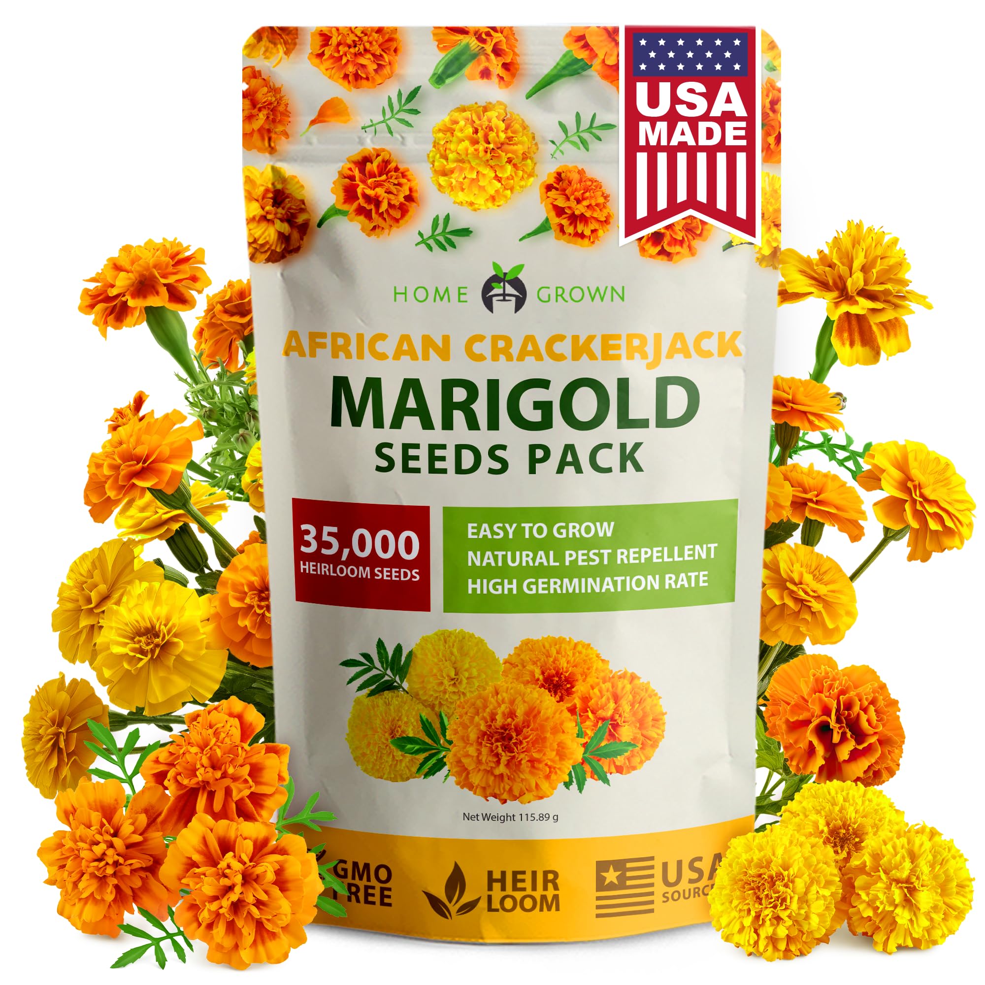 HOME GROWN Crackerjack Marigold Seeds | 4.25oz / 35,000 Flower Seeds Planting Outdoor | Large Bulk Pack | Non-GMO, High Germination, USA Sourced Wildflower Seeds | Companion Planting