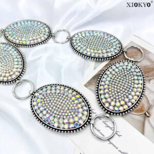 Xiokyo Bling Rhinestone Concho Belt Heavy Metal Western Crystal Chain Belt Cowgirl Sparkly Waist Chain for Women Dress