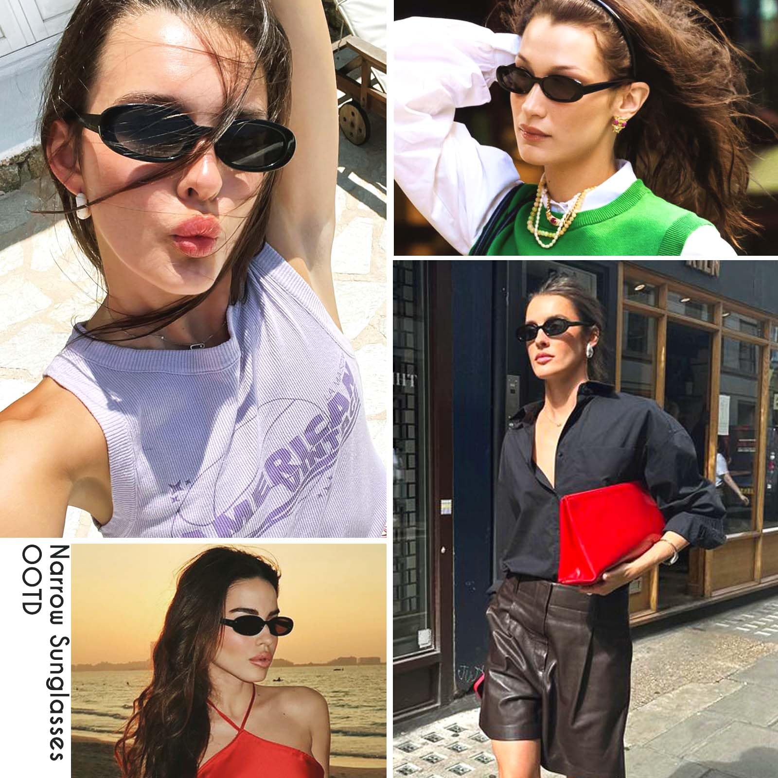 mosanana Retro Oval Sunglasses for Women 90s Small Trendy Fashion Vintage Narrow Tiny Cute Skinny Sun Glasses for Small Face Black MS52360