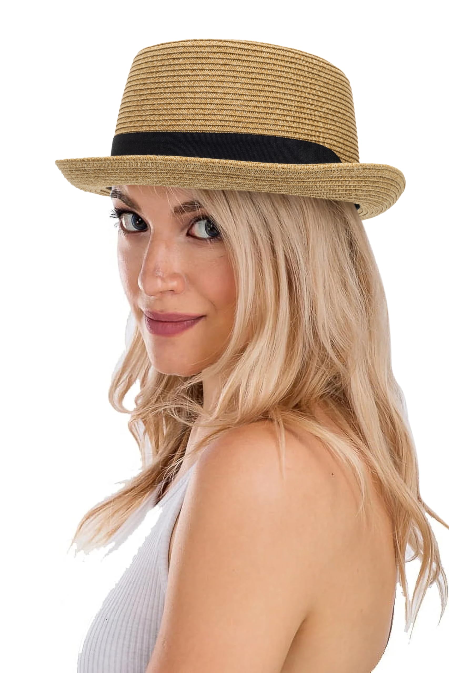 Pork-Pie-Hat-for-Men-Women Straw-Boater-Hat Summer-Sun-Derby-Fedora with Bowknot