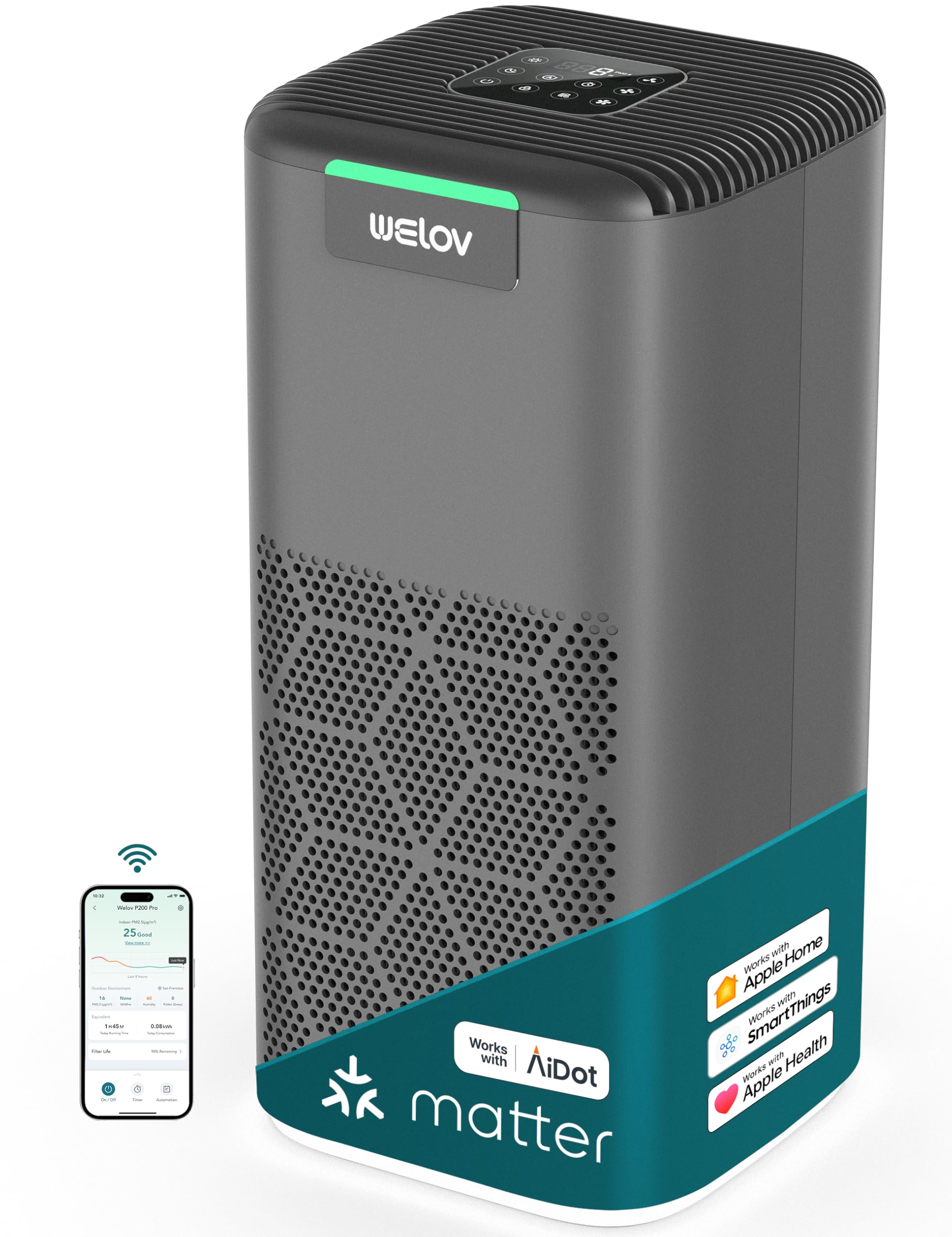 WELOV World's 1st Matter Smart Air Purifier, Air Purifiers for Home Covers 1570 Ft², 99.997% Filtration Efficiency of Particles 0.1-0.3 μm, H13 True HEPA PM2.5 Monitor, Sleep Mode, Dimmable Lighting