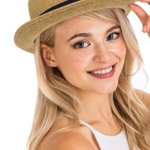 Pork-Pie-Hat-for-Men-Women Straw-Boater-Hat Summer-Sun-Derby-Fedora with Bowknot