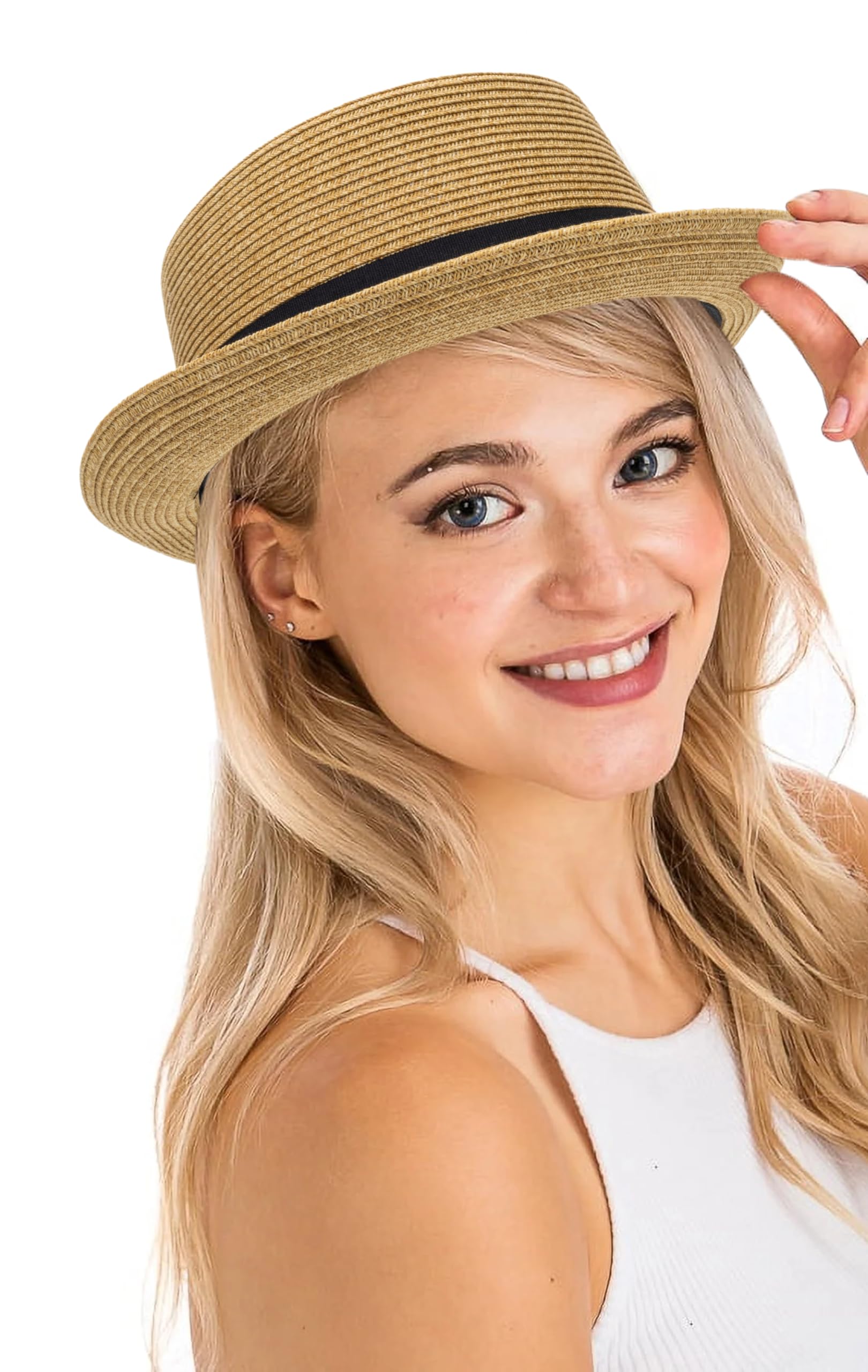 Pork-Pie-Hat-for-Men-Women Straw-Boater-Hat Summer-Sun-Derby-Fedora with Bowknot