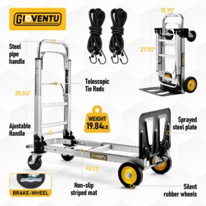 Convertible Hand Truck Dolly 3-in-1, Aluminium Hand Dolly Cart 440LB Capacity Fodable with Rubber Brake-Wheels, Anti-Slip Strip and 2 Elastic Rope