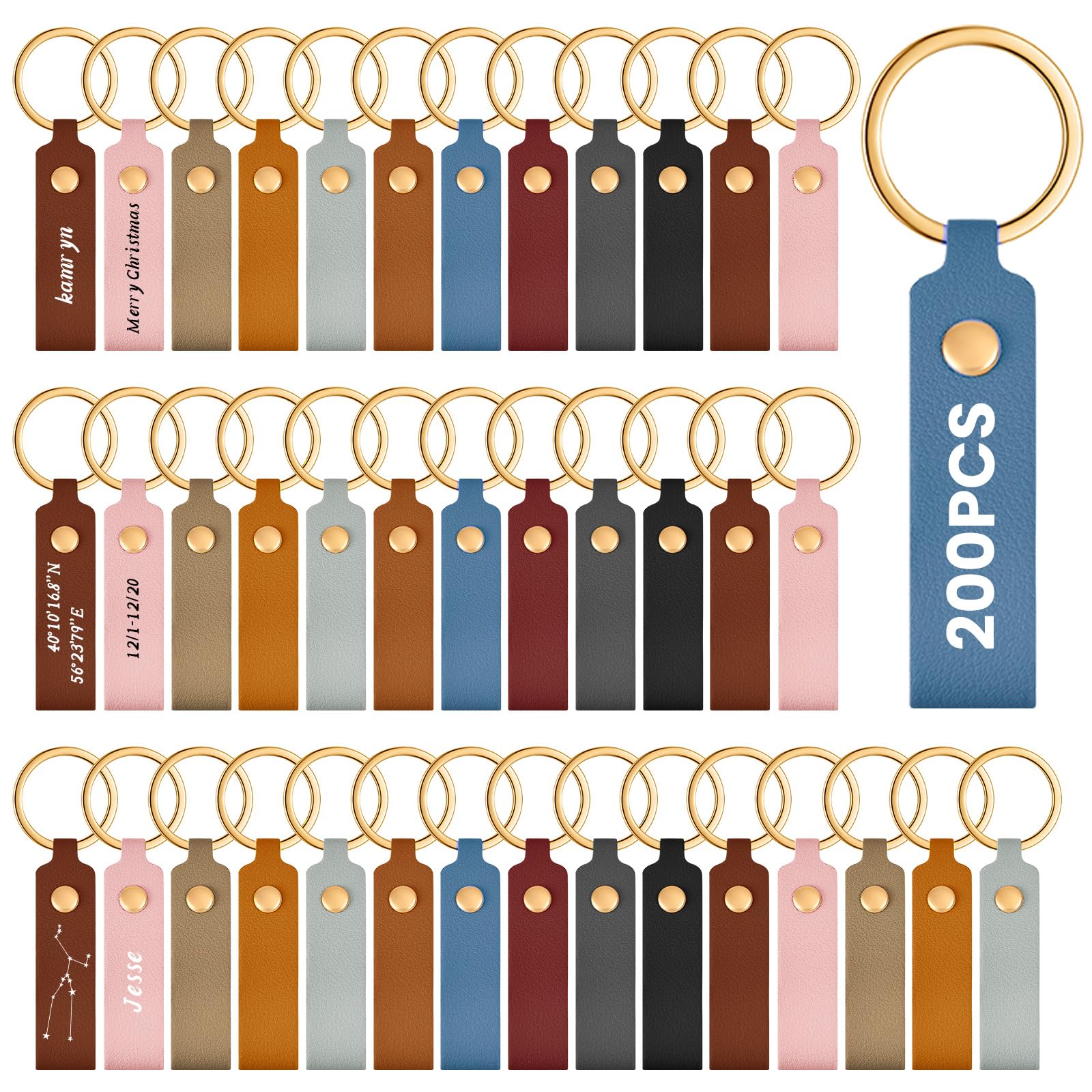 Wavyknot 200 Pack Personalized Leather Keychain Leather Kit PU Leather Keychain Blanks with Key Rings and Rivets Key Chain Blanks for DIY Craft Laser Engraving Keychain Making Leather Working