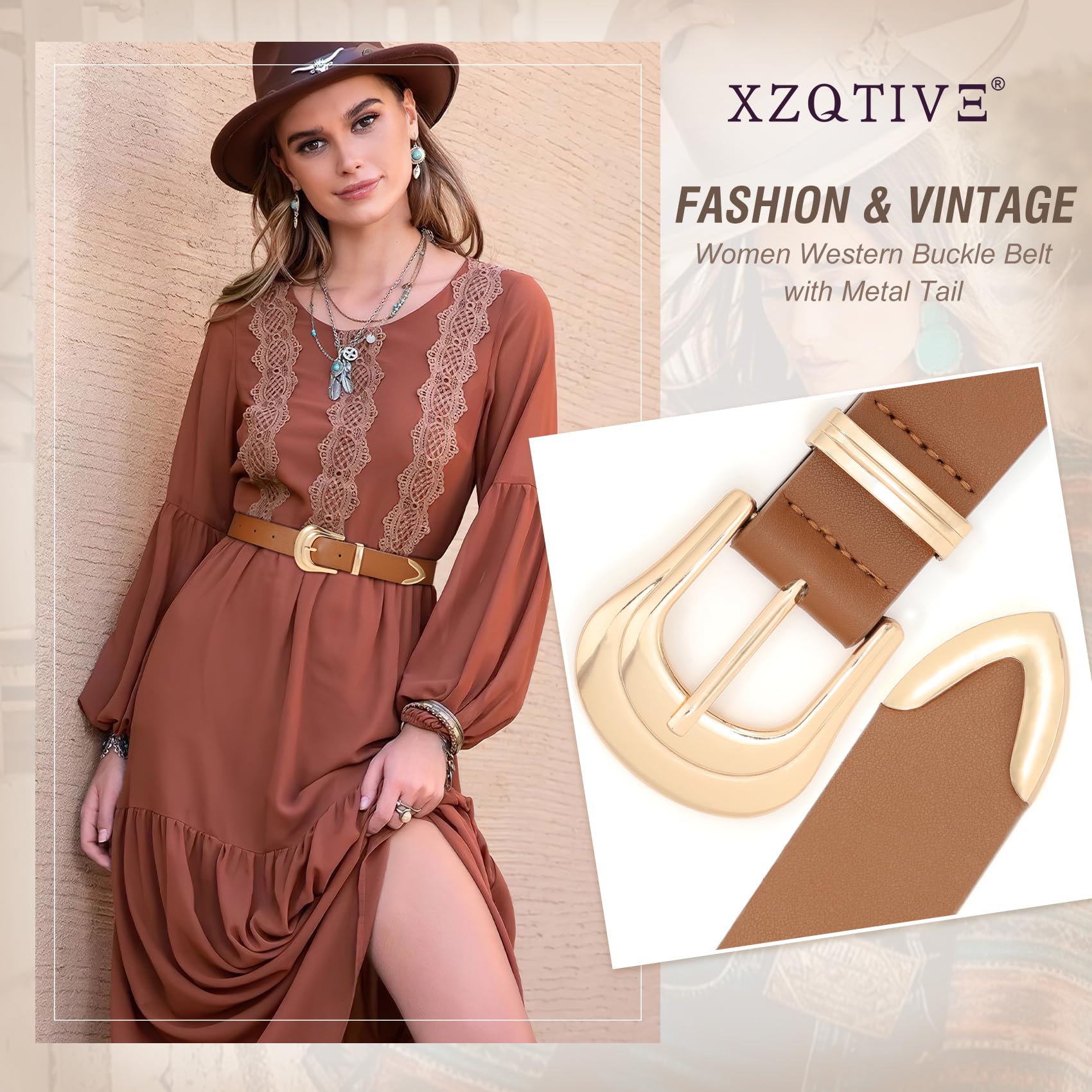 XZQTIVE Women's Leather Belt Plus Size Ladies Western Belt Silver Gold Buckle Brown Waist Belt for Jeans Pants Dresses