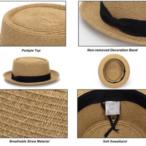 Men/Women Summer Straw Pork Pie Hat Boater Derby Fedora Sun Hats with Bowknot(S/M)