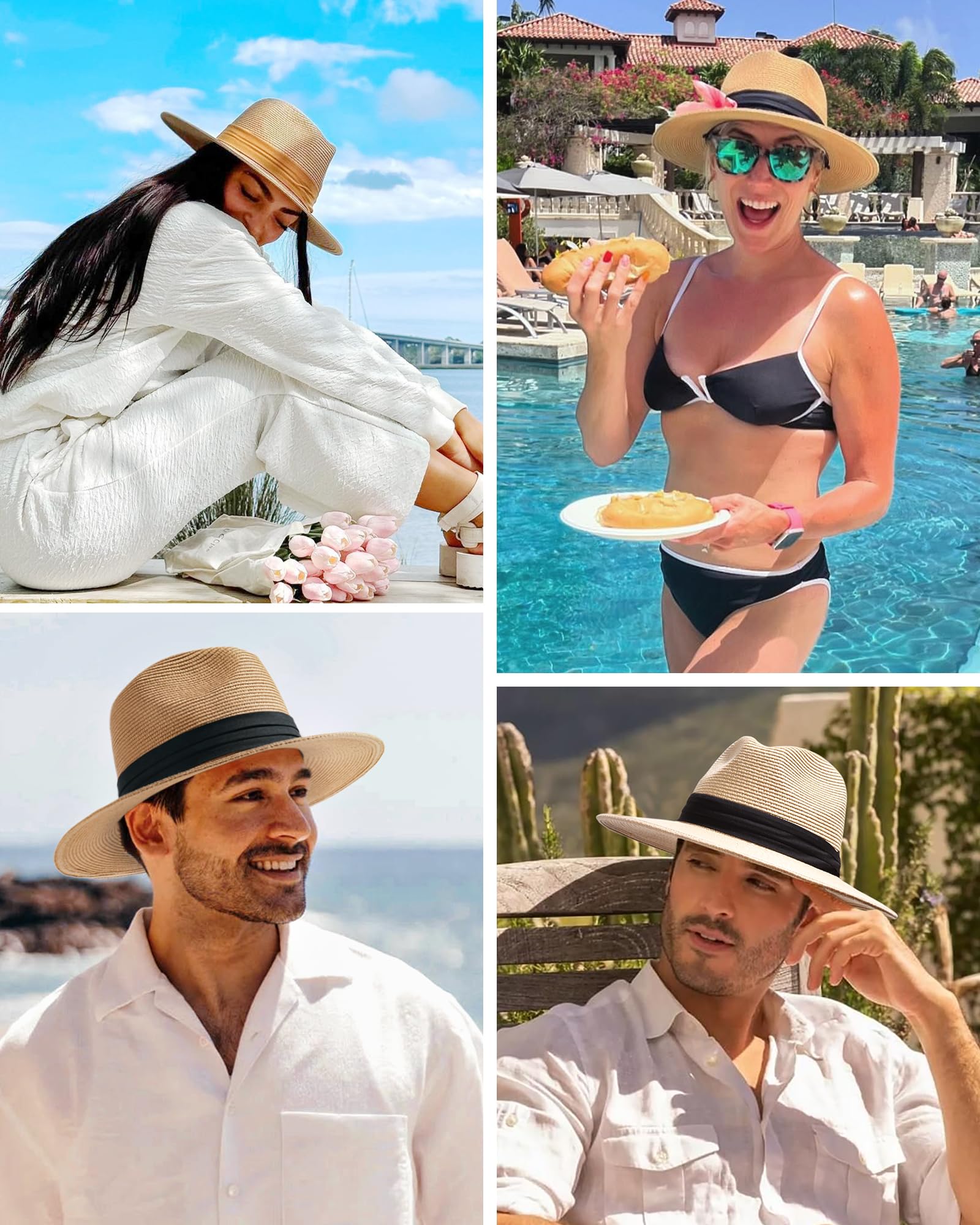 FURTALK Panama Hat Sun Hats for Women Men Wide Brim Fedora Straw Beach Hat UV UPF 50